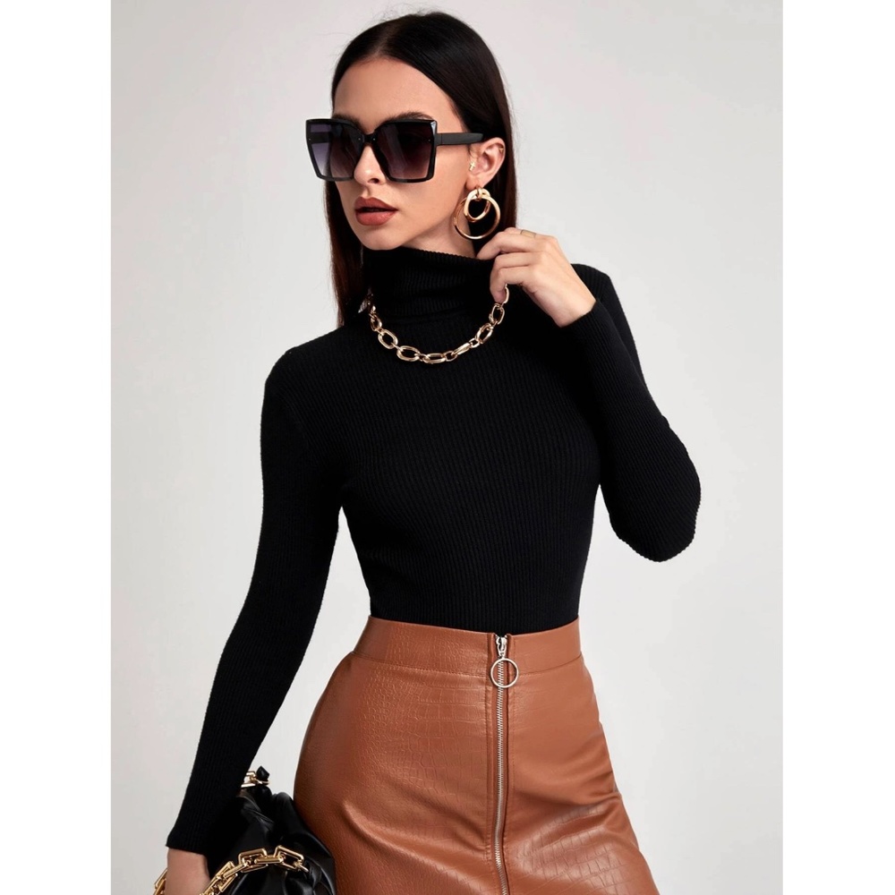 Black Rib Knit Turtle Neck Sweater Top